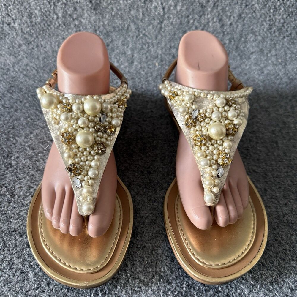 Kate Spade Imani Gold Pearl Embellished T-Strap Thong Dressy Wedding Sandals 10M